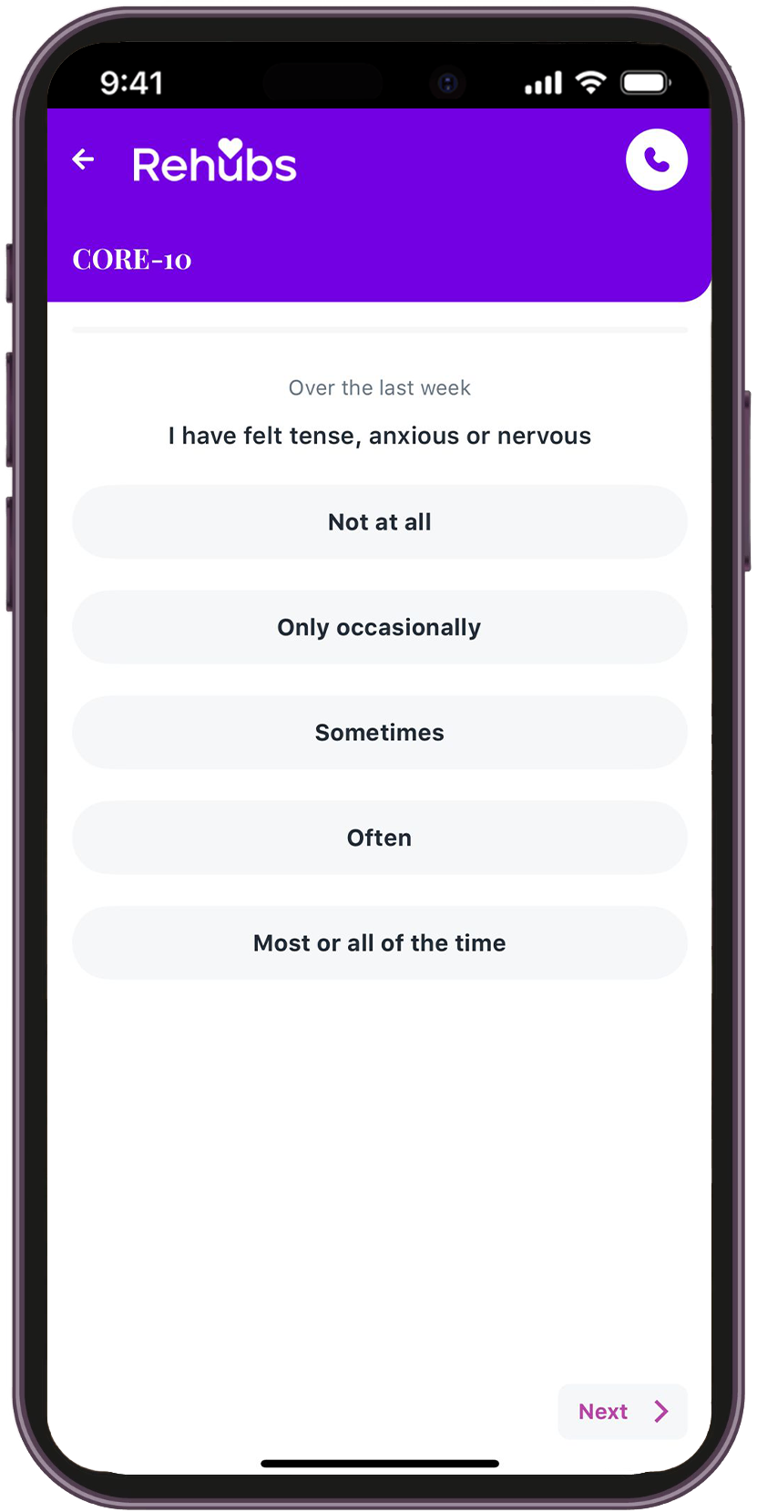 CORE-10 clinical assessment built into the app
